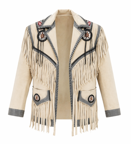Men’s Western Suede Fringe Jacket – Beaded Native-Inspired Style