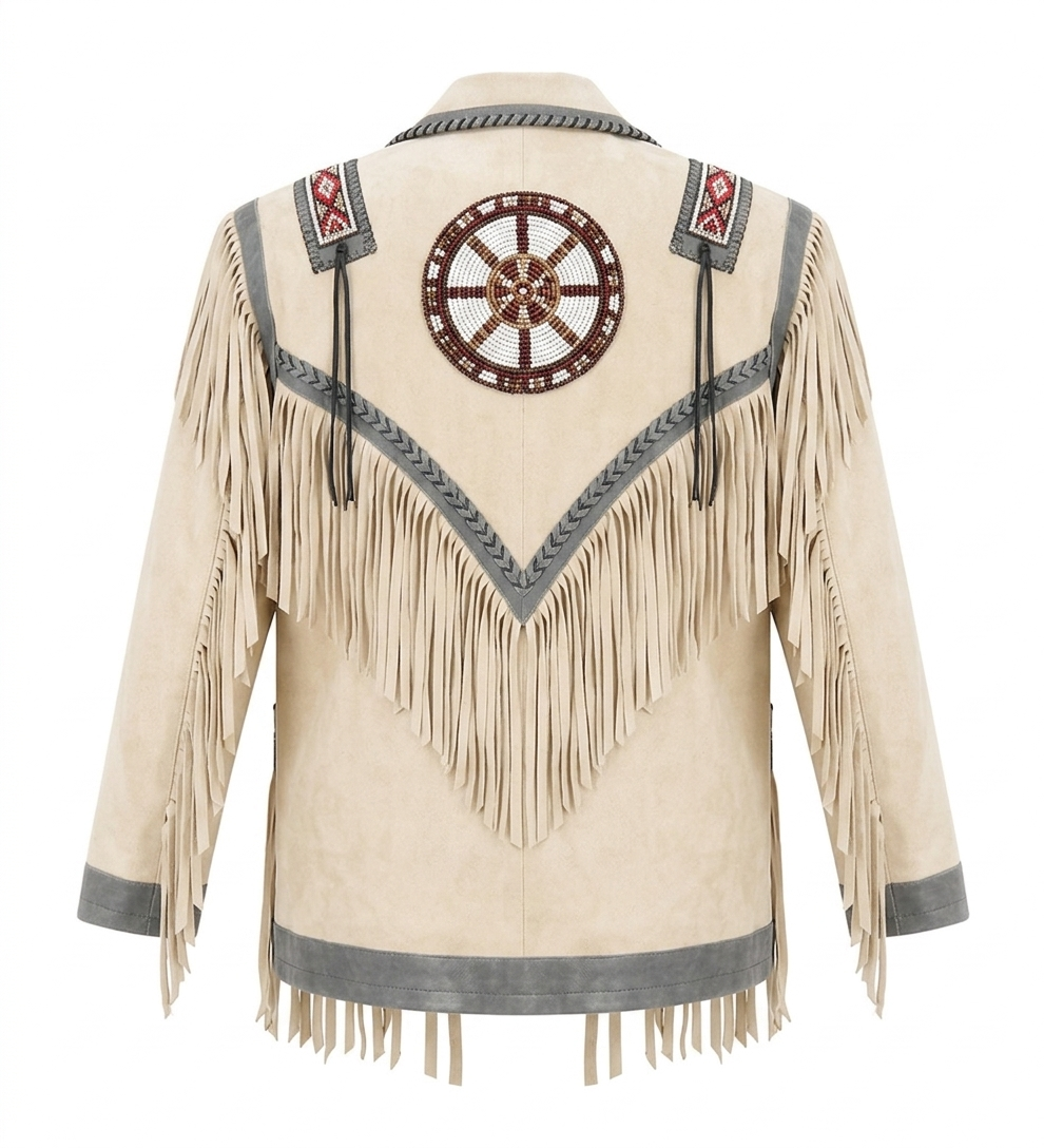 Men’s Western Suede Fringe Jacket – Beaded Native-Inspired Style