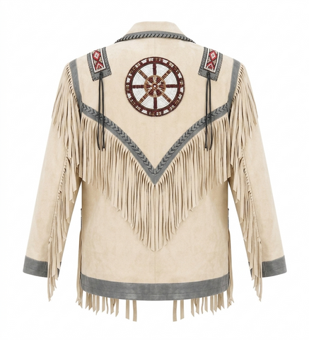 Men’s Western Suede Fringe Jacket – Beaded Native-Inspired Style