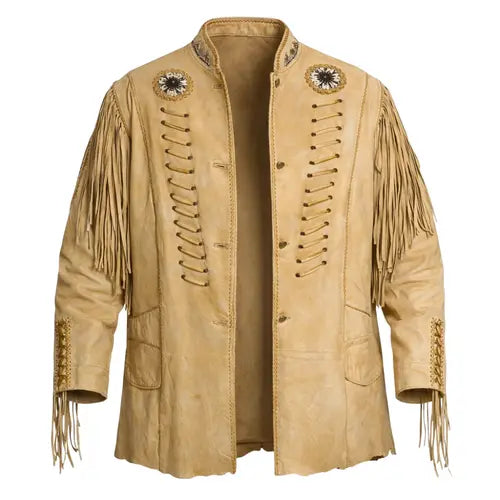 Men’s Western Suede Jacket – Beaded Fringe Cowboy A-Line Coat