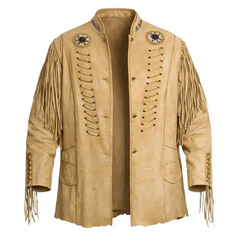 Men’s Western Suede Jacket – Beaded Fringe Cowboy A-Line Coat