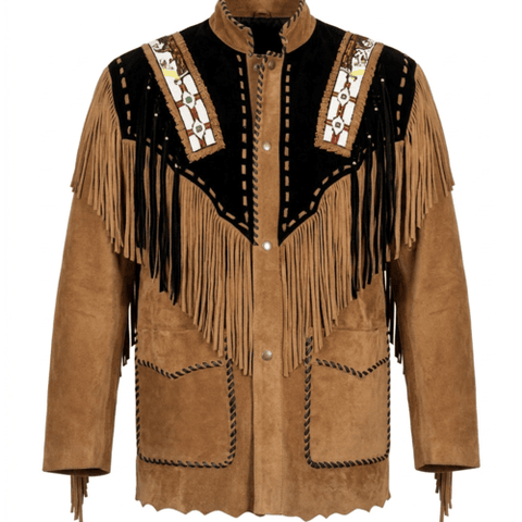 Men’s Western Suede Jacket – Beaded Fringe Mandarin Collar Style