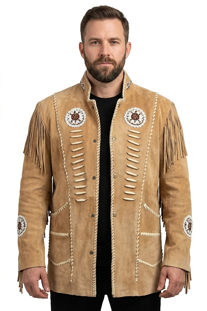 Men’s Western Suede Leather Jacket – Beaded Fringe Stand Collar Style