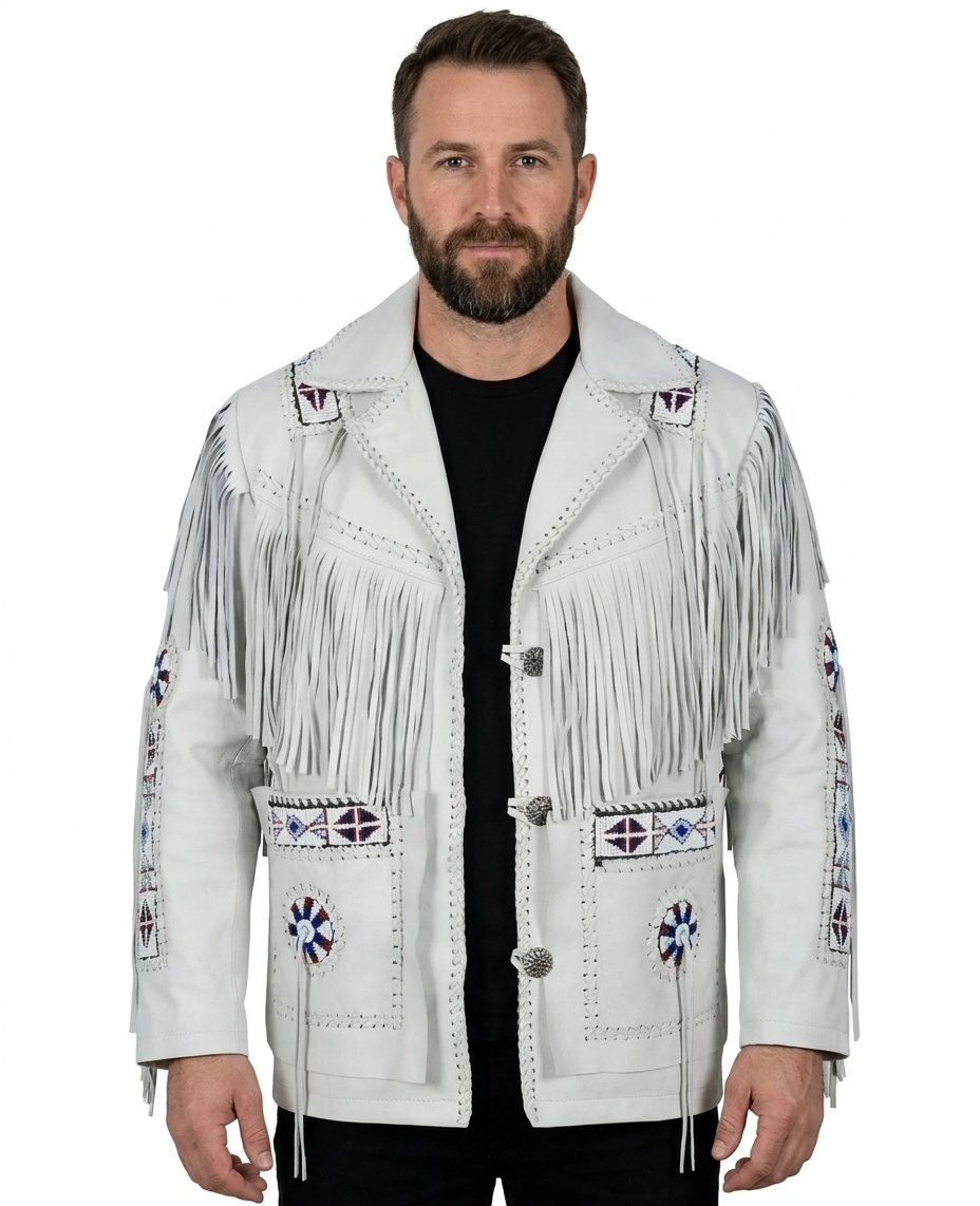 Men’s White Western Fringe Leather Jacket – Beaded Native-Inspired Style