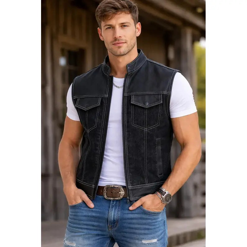Men’s motorcycle club vest made from 1.2mm cowhide leather and canvas with concealed carry pockets, patch panels, and biker builder style.