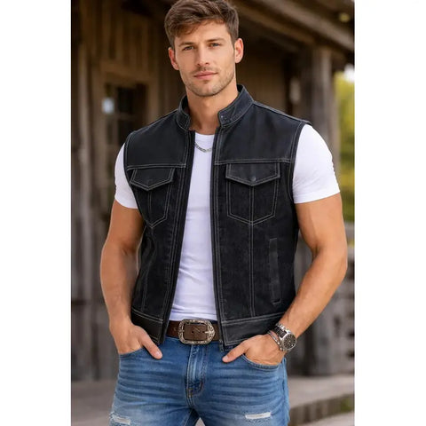 Men’s motorcycle club vest made from 1.2mm cowhide leather and canvas with concealed carry pockets, patch panels, and biker builder style.