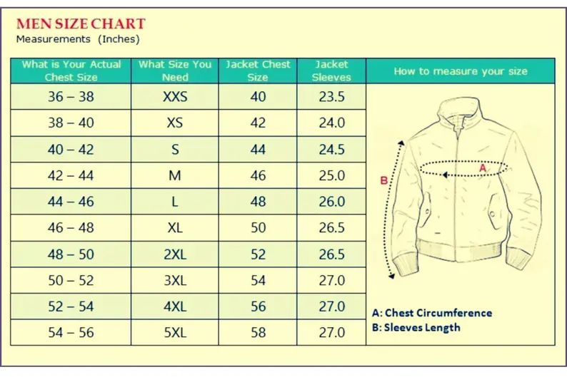 Men's size chart for jackets with measurements in inches