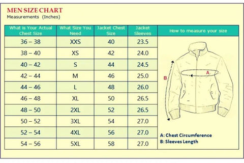 Men's size chart for jackets with measurements in inches