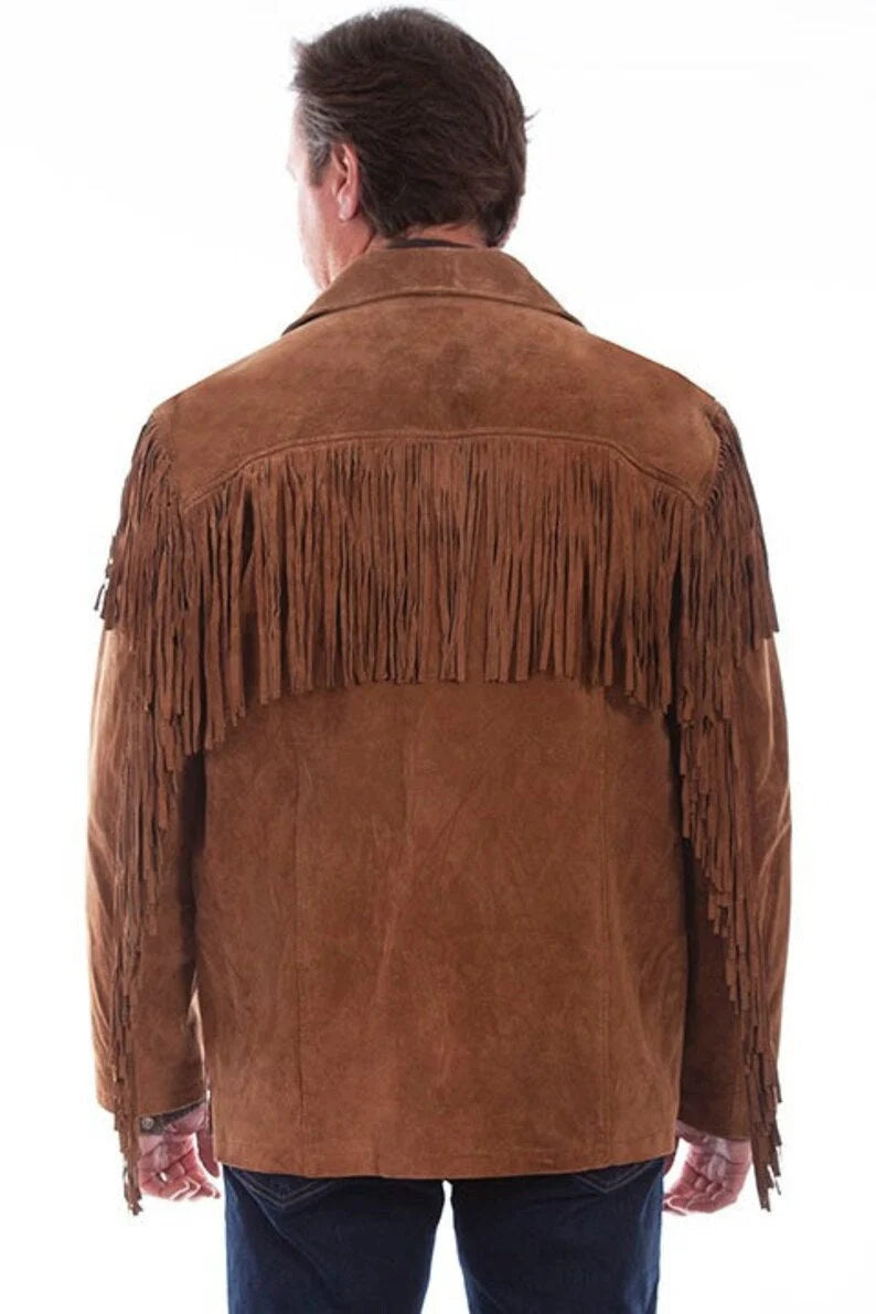  Men’s western suede coat showing traditional fringe across the back yoke.