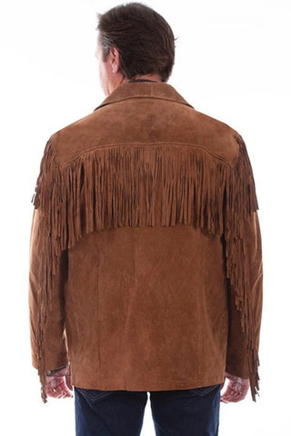  Men’s western suede coat showing traditional fringe across the back yoke.