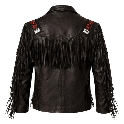 Mens Black Leather Fringe Jacket Western Cowboy Style  Native-Inspired Suede Biker Coat