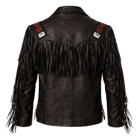 Mens Black Leather Fringe Jacket Western Cowboy Style  Native-Inspired Suede Biker Coat
