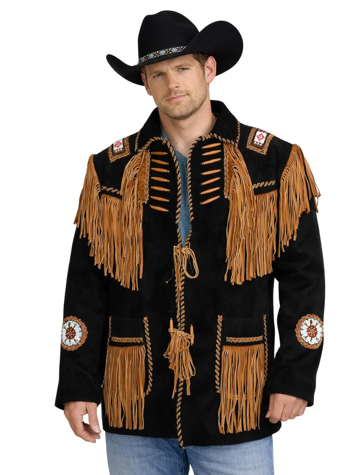 Mens Black Suede Cowboy Jacket with Fringe Beadwork and Bone Detailing | Western Style