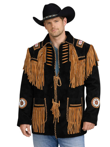 Mens Black Suede Cowboy Jacket with Fringe Beadwork and Bone Detailing | Western Style