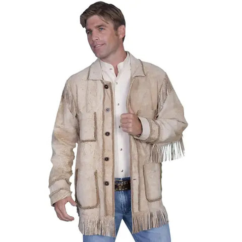 Mens Suede Fringe Jacket Western Cowboy Distressed Leather Coat 5 Button Vintage Style