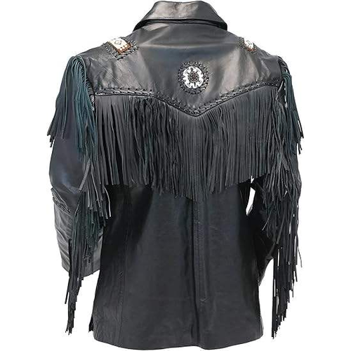 Mens Leather Fringe Jacket Beaded | Western Cowboy Blazer