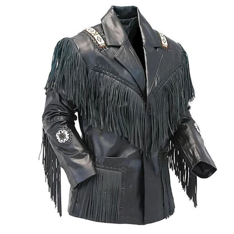 Mens Leather Fringe Jacket Beaded | Western Cowboy Blazer
