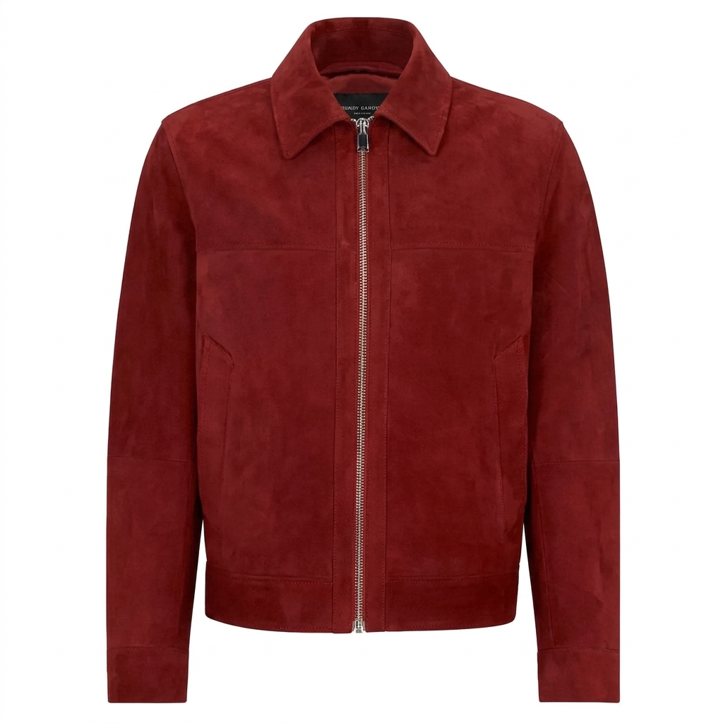 Mens Red Suede Leather Jacket Classic Zip Front Casual Bomber Coat