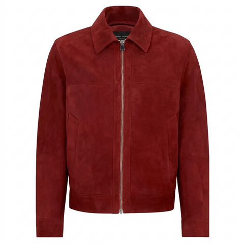 Mens Red Suede Leather Jacket Classic Zip Front Casual Bomber Coat