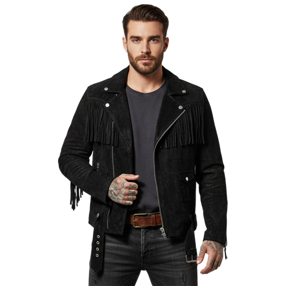 Mens Suede Biker Fringe Jacket Western Moto Concho Belt StyleMens Suede Biker Fringe Jacket Western Moto Concho Belt Style