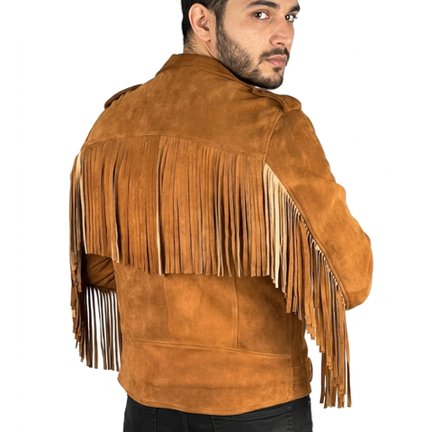 Mens Suede Fringe Biker Jacket | Western Moto Leather Coat