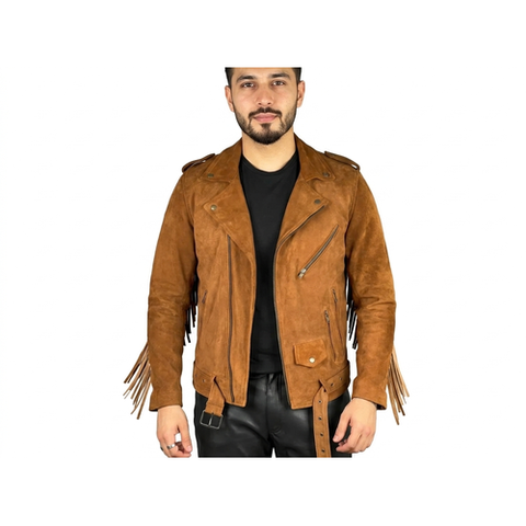 Mens Suede Fringe Biker Jacket | Western Moto Leather Coat