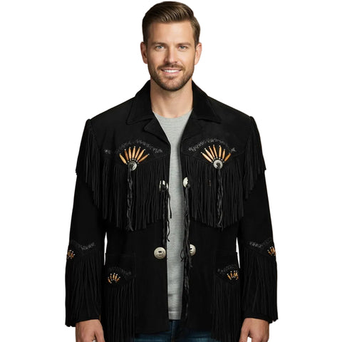 Mens Suede Fringe Jacket Beaded Concho | Western Cowboy CoatMens Suede Fringe Jacket Beaded Concho | Western Cowboy Coat