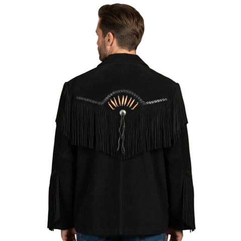 Mens Suede Fringe Jacket Western Beaded Concho Cowboy Native Style Coat