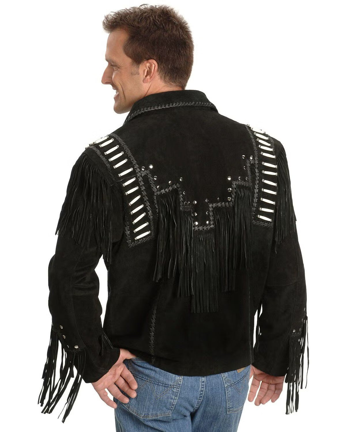 Mens Suede Fringe Jacket Western Bone Beaded Cowboy Zipper Leather Coat