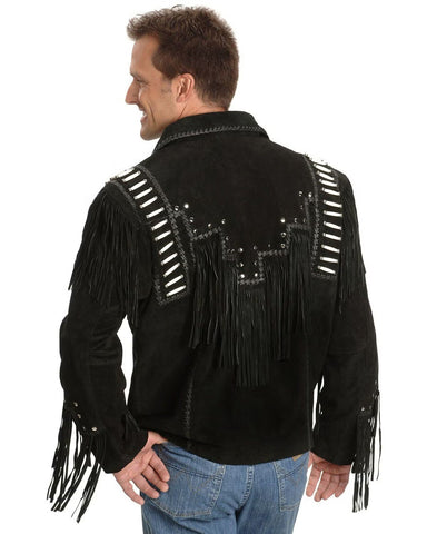 Mens Suede Fringe Jacket Western Bone Beaded Cowboy Zipper Leather Coat