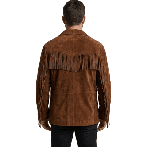 Mens Suede Fringe Jacket Western Cowboy Notched Lapel Vintage Frontier Button Coat