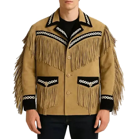 Mens Suede Fringe Jacket Western Cowboy Rockabilly Velvet Embroidered Coat Black