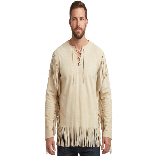 Mens Suede Fringe War Shirt Western Cowboy Lace Up Pullover Mountain Man Style