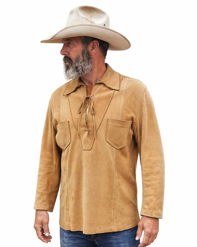 Mens Suede Lace Up Shirt Western Frontier 1950s Cowboy Pullover Mountain Man