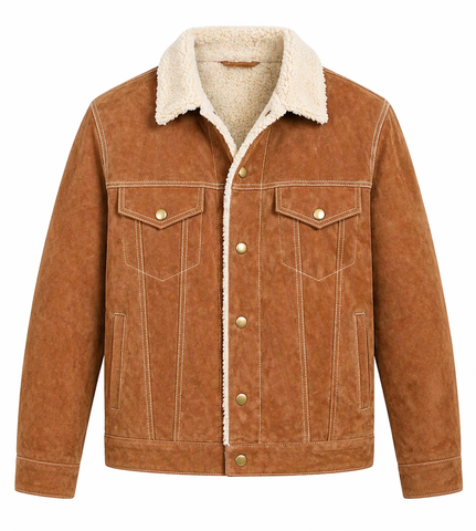 Mens Suede Trucker Jacket Sherpa Lined Western Snap Button Coat Warm Winter
