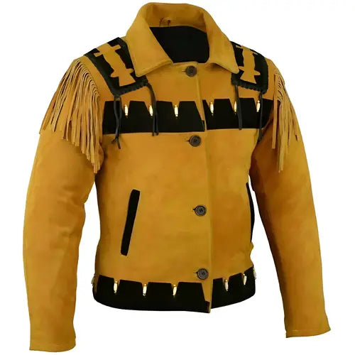 Mens Suede Western Jacket Cowboy Fringe Bone Detail Contrast Panel Button Front Coat