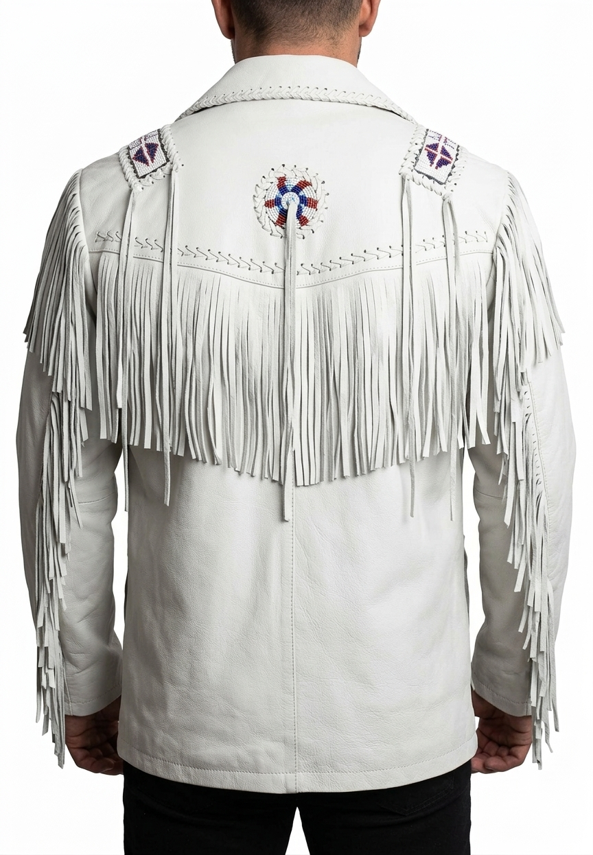 Mens White Suede Fringe Jacket Western Cowboy Beaded Native Style Leather Coat