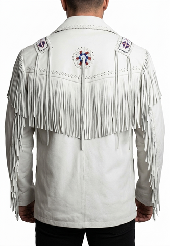 Mens White Suede Fringe Jacket Western Cowboy Beaded Native Style Leather Coat