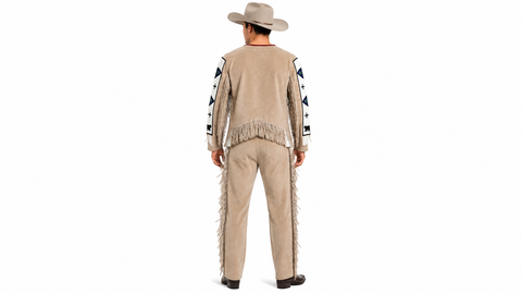 Men’s Suede Frontier Outfit  Two Piece Western Fringe Shirt and Pants Set with Beaded Style Geometric Panels