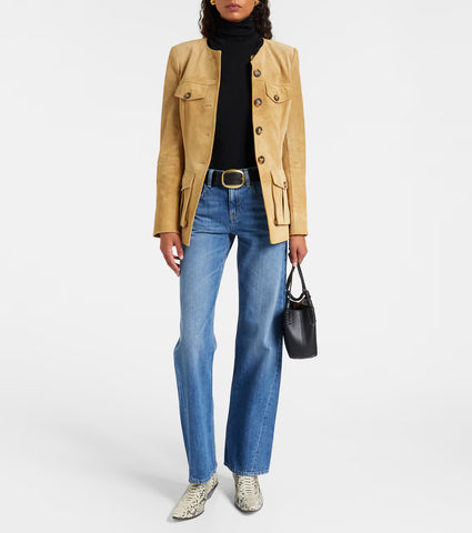 Women’s Genuine Suede Tailored Jacket – Tan Leather Button-Down Coat with Utility Pockets & Collarless Design