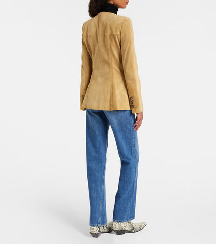 Women’s Genuine Suede Tailored Jacket – Tan Leather Button-Down Coat with Utility Pockets & Collarless Design
