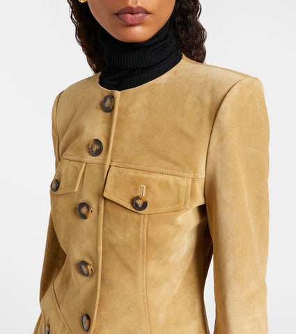 Women’s Genuine Suede Tailored Jacket – Tan Leather Button-Down Coat with Utility Pockets & Collarless Design