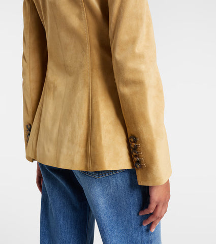 Women’s Genuine Suede Tailored Jacket – Tan Leather Button-Down Coat with Utility Pockets & Collarless Design