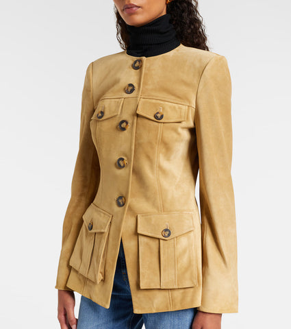 Women’s Genuine Suede Tailored Jacket – Tan Leather Button-Down Coat with Utility Pockets & Collarless Design