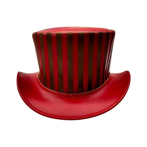 Red &amp; Brown Striped Leather Top Hat – Gothic Circus Steampunk Style