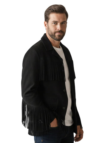 Mens Black Suede Fringe Jacket Western Tiered Cowboy Button Front Coat Style