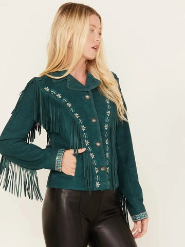 ILHAN LUXURY Women's Teal Suede Fringe Jacket – Western Cowgirl Coat