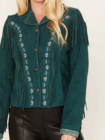 ILHAN LUXURY Women's Teal Suede Fringe Jacket – Western Cowgirl Coat