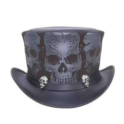 Silver Skull Leather Top Hat – Steampunk Gothic Biker Style