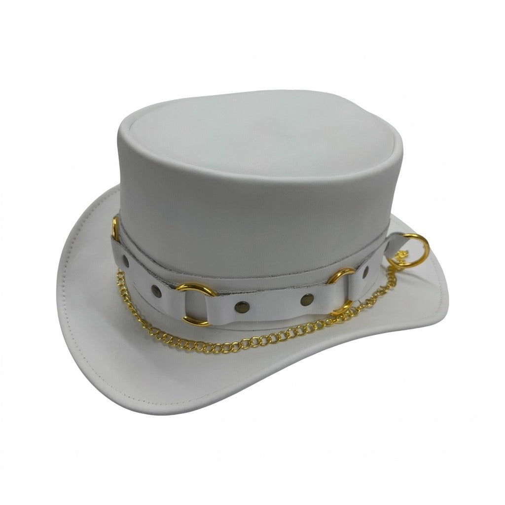 Gothic Steampunk White Leather Top Hat with Gold Chain &amp; D-Ring Band